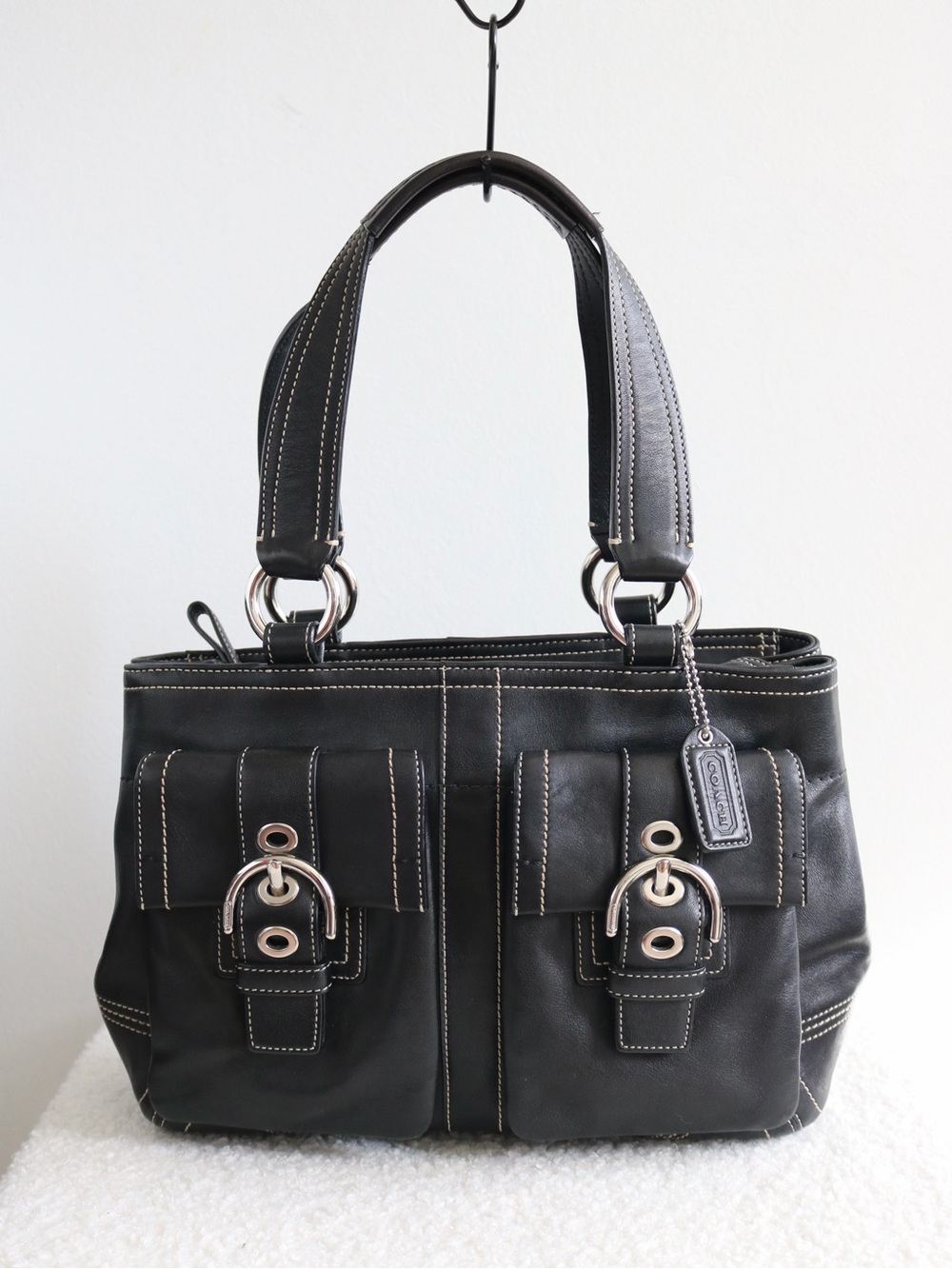 Vintage Coach SoHo Double Pocket Mini Tote Black Leather Silver Hardware